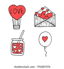 Hand drawn set of Valentine's day ballon, heart, mail, doodles with red lettering in vector