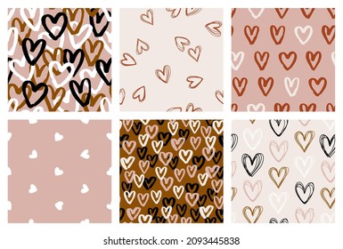 Hand drawn set of Valentines seamless patterns with hearts and romantic elements. Grunge endless background for wedding design and lovely holidays. Heart and love symbol. Vector illustration