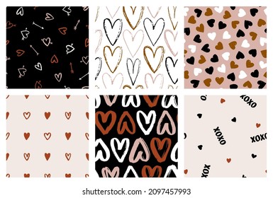 Hand drawn set of Valentines seamless patterns with hearts and romantic elements. Grunge endless background for wedding design and lovely holidays. Heart and love symbol. Vector illustration