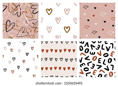 Hand drawn set of Valentines seamless patterns with hearts and romantic elements. Grunge endless background for wedding design and lovely holidays. Heart and love symbol. Vector illustration