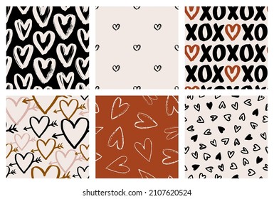 Hand drawn set of Valentines seamless patterns with hearts and romantic elements. Grunge endless background for wedding design and lovely holidays. Heart and love symbol. Vector illustration