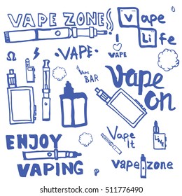 Hand drawn set of vape in funny style for design elements, icons, logo, emblems and badges. Doodle Vector illustration theme Vaping.