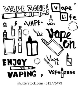 Hand drawn set of vape in funny style for design elements, icons, logo, emblems and badges. Doodle Vector illustration theme Vaping.
