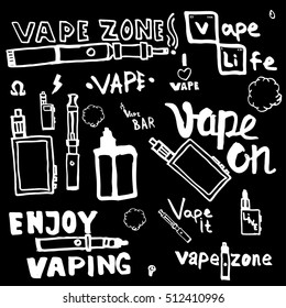 Hand drawn set of vape in funny style for design elements, icons, logo, emblems and badges. Doodle Vector illustration theme Vaping.