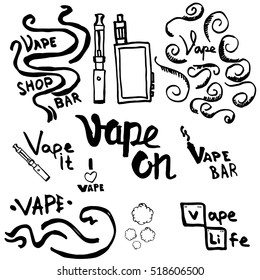 Hand drawn set of vape in funny style for design elements, icons, logo, emblems and badges. Doodle Vector illustration theme Vaping.
