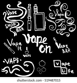 Conjunto dibujado a mano de forma divertida para elementos de diseño, iconos, logotipo, emblemas y distintivos. Dibujo de la ilustración de Doodle Vector tema Vaping.