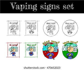 Hand drawn set of vaping signs. Vaper. Vape and anti vape places signs. Black and white and colored vector illustration in doodle style.