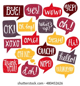 Hand drawn set of varicolored speech bubbles with handwritten short phrases yes, thank you, bye, ok, hooray, omg, wow, oh boy, xoxo, what's up, ouch, oh, yeah, oh no, nope, yep, hello