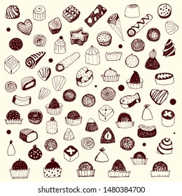 A hand drawn set of variety chocolates and cookies. Confectionery. Cartoon.