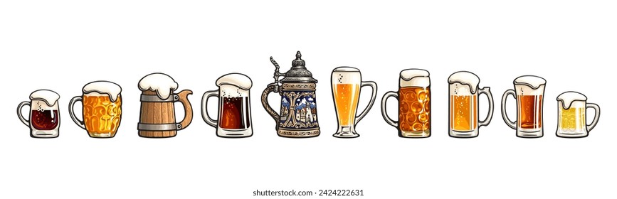 Conjunto dibujado a mano de varias tazas de cerveza. Colección de cristalería de cerveza vintage. Ilustración vectorial aislado sobre fondo blanco.