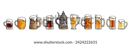 Hand drawn set of various beer mugs. Vintage beer glassware collection. Vector illustration Isolated on white background.