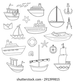 Hand drawn Set of various boats and related nautical items, vector illustration