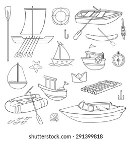 Hand drawn Set of various boats and related nautical items, vector illustration