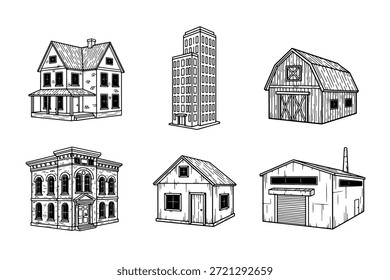 Handgezeichnete Reihe von verschiedenen Gebäuden, darunter ein Haus, Wolkenkratzer, Scheune, Herrenhaus, Hütte und Fabrik. Vektorgrafik