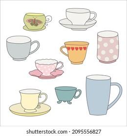 Hand drawn Set of various cups for tea or coffee isolated on white background.  Cartoon style. Flat design.