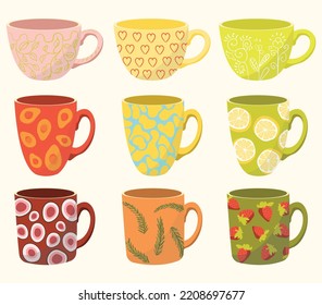Hand Drawn Set Of Various Cups. Ceramic Mugs For Matcha Or Different Beverages And Drinks. Flat Vector Illustration