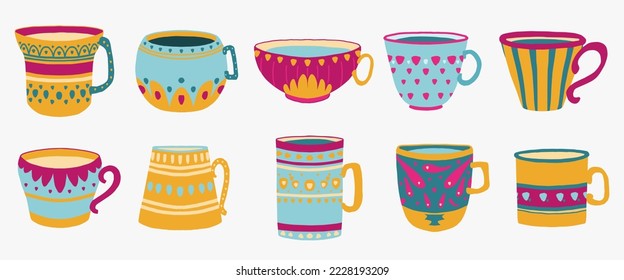 Hand drawn set of various cups with tea or coffee. vector. Side view. Flat design. Trendy vector illustration for icon, logo, print, icon, card, emblem, label.