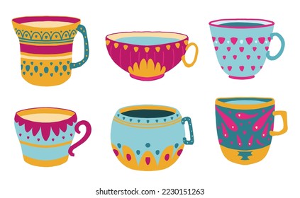 Hand drawn set of various cups with tea or coffee. vector.