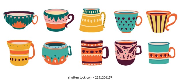 Hand drawn set of various cups with tea or coffee. vector. Side view. Flat design.