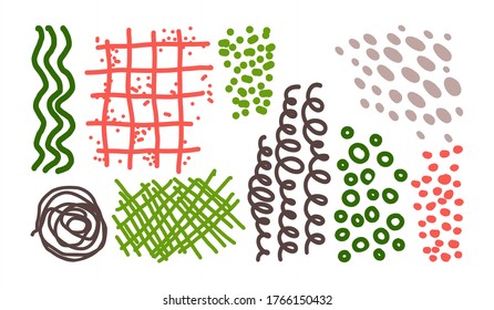 Conjunto dibujado a mano de varios objetos de doodles y texturas. Resumen de la moderna y moderna ilustración vectorial. Los elementos están aislados en un fondo blanco.