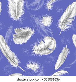 Hand drawn set of various feathers. Seamless background with flying white plumes on blue.