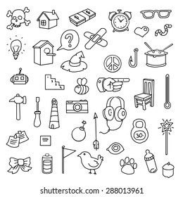 Hand drawn set of various icons, vector illustration
