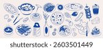 Hand drawn set of various Mediterranean food and drinks. Vector illustration.