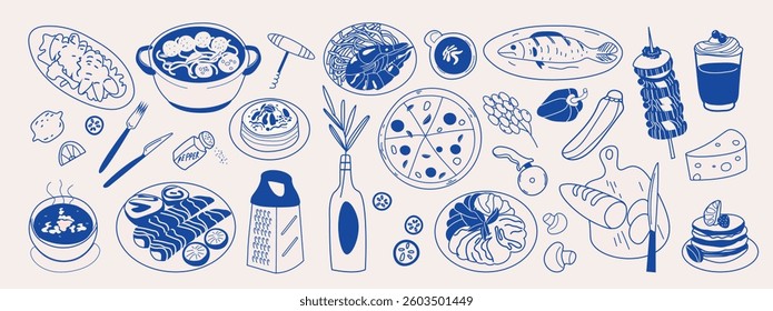 Hand drawn set of various Mediterranean food and drinks. Vector illustration.