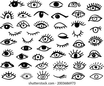 hand drawn set of various opened and closed eyes, isolated vector illustration graphic elements collection, 