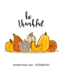 Hand drawn set of various pumpkins. Vector illustration