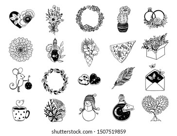 Hand drawn set various simple icons. Decoration for logos, wedding, web pages, holidays, collection romantic symbols, for blogs and social media. Drawing design vector elements is isolated.