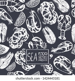 Hand drawn set of various types of seafood: salmon steaks, crab, lobster, shrimp. Vector illustration on blackboard. Design template for restaurant menu.