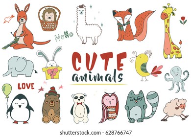 Hand drawn Set of vector animals in cartoon style.