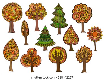 Hand drawn set of vector autumn trees in doodle style