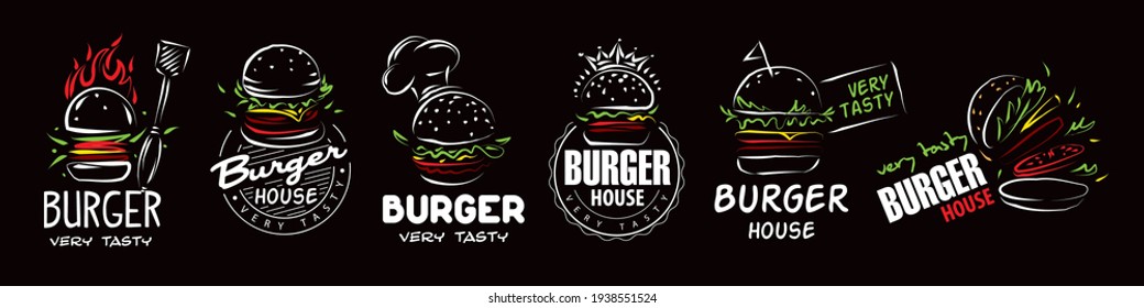 Conjunto dibujado a mano de logotipos de la hamburguesa vectorial en el fondo negro