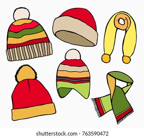 Hand drawn Set Vector collection of knitted woolen Hat and scarves. Winter hat, scarves and vector illustration set winter icons. Isolated on white background