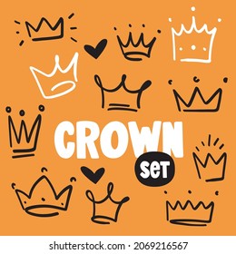 Hand drawn set of vector crowns. Doodle style illustration.