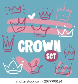 Hand drawn set of vector crowns. Doodle style illustration in trendy colors.