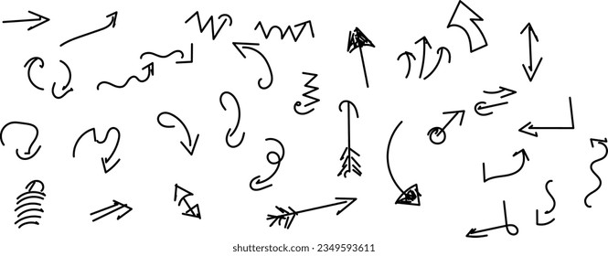 Hand drawn set of vector curved arrows. Sketch doodle style. Collection of pointers