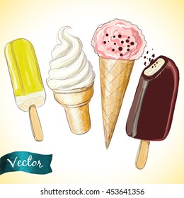 Hand drawn set vector illustration ice cream cartoon style