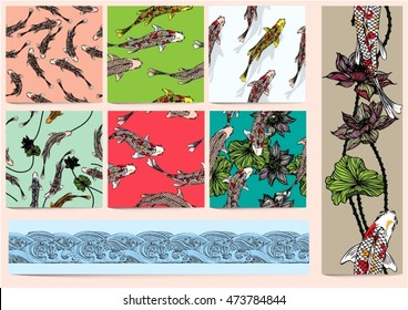Hand drawn set vector illustration seamless background of lotus and koi