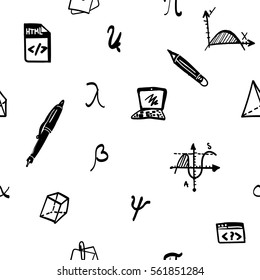 Hand drawn set of vector illustrations with icons, figures, diagram - contour, line art style drawing. Could be used as print, wrapping paper, background and textile ornament, poster, book page.
