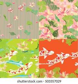 Hand drawn set vector koi and lotus seamless background.