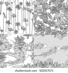 Hand drawn set vector koi and lotus seamless background.