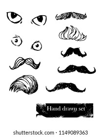hand drawn set vector mustache and eyes
