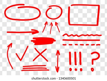 Hand drawn set of vector red marks, arrows, ingles, lines, amendments and corrections. Red marker line