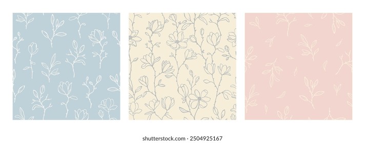 Handgezeichneter Satz von nahtlosen Vektormustern mit Magnolienblumen in Pastellfarbe. Eleganter floraler Hintergrund für Textilien, Cover, Print. Endloses Muster mit bezaubernden Linien Kunst Blumen. Nette Illustration