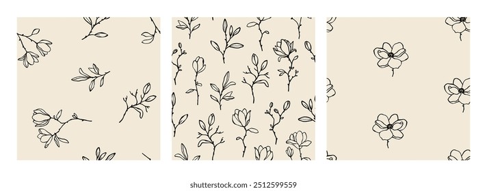 Hand drawn set of vector seamless patterns with magnolia flowers and branches in neutral colors. Elegant floral background for textile, cover, print. Endless pattern with charming line art flowers
