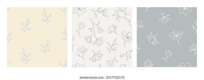 Hand drawn set of vector seamless patterns with magnolia flowers in pastel color. Elegant floral background for textile, cover, print. Endless pattern with charming line art flowers. Cute illustration