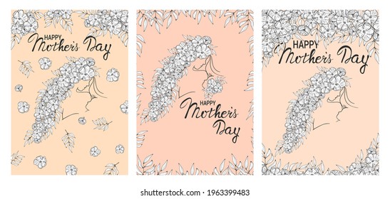 Hand drawn set vector silhouette of Woman`s face, hair with flowers, baby in line art. Mother holding her newborn baby and looking at him. Lettering Happy Mother's Day. Motherhood card illustration
